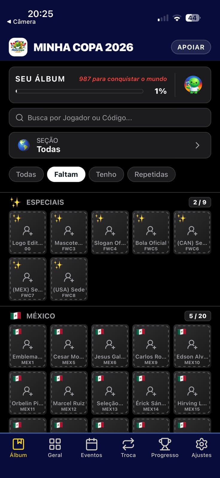 Tela do aplicativo Minha Copa 2026 no celular