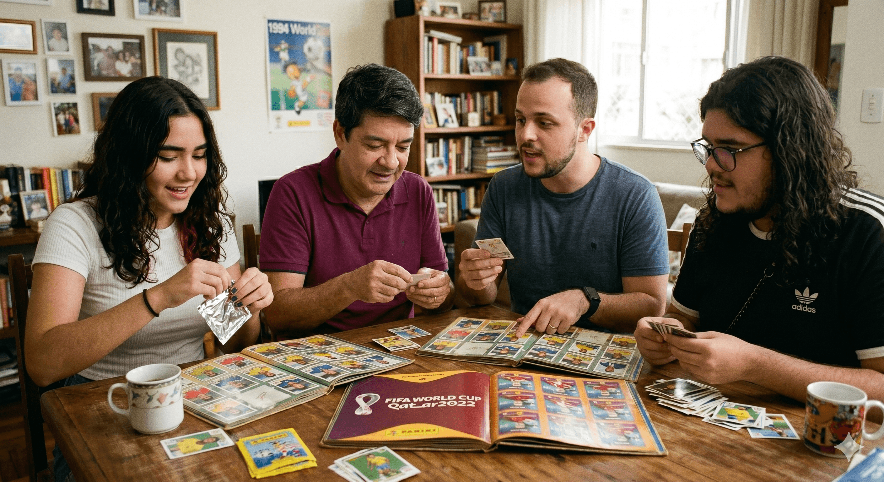Três gerações da família reunidas à mesa com o álbum da Copa do Mundo 1994 e figurinhas — tradição e colecionismo